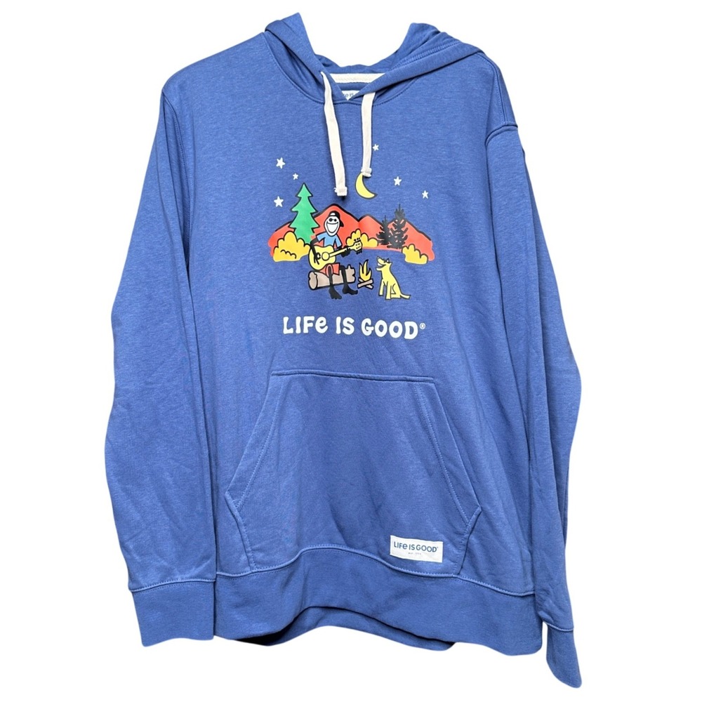 Life Is Good Mens Blue Camping Jake Guitar Dog Graphic Hoodie Sweatshirt Large